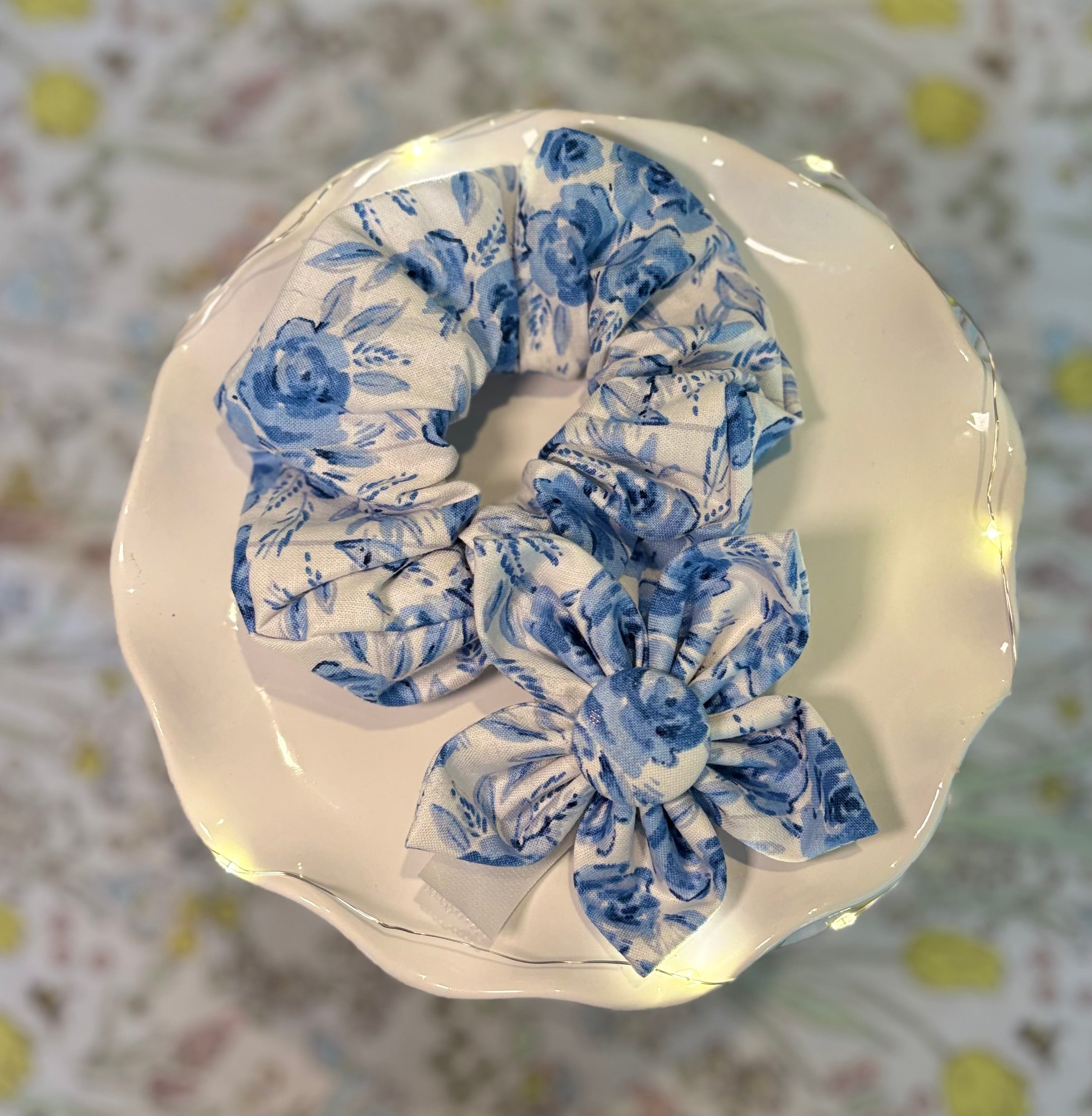 Mother’s Day Blue Floral Dog Bow Tie and Scrunchie Set