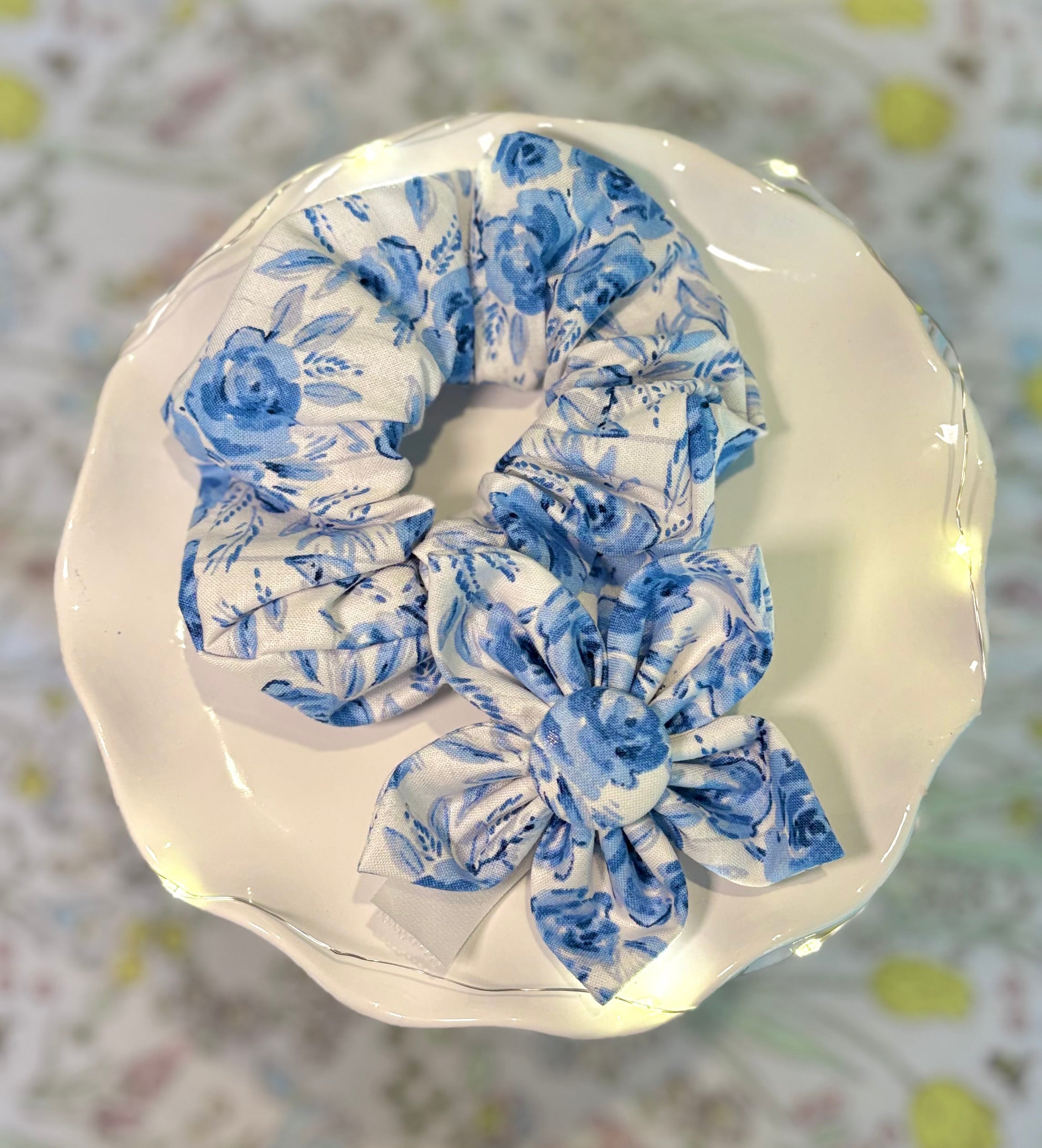 Mother’s Day Blue Floral Dog Bow Tie and Scrunchie Set